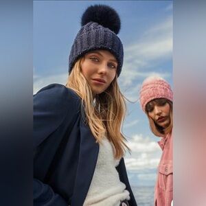 Kyi Kyi Knitted Faux Fur Pom Pom Hat, Navy With White Spotting One Size